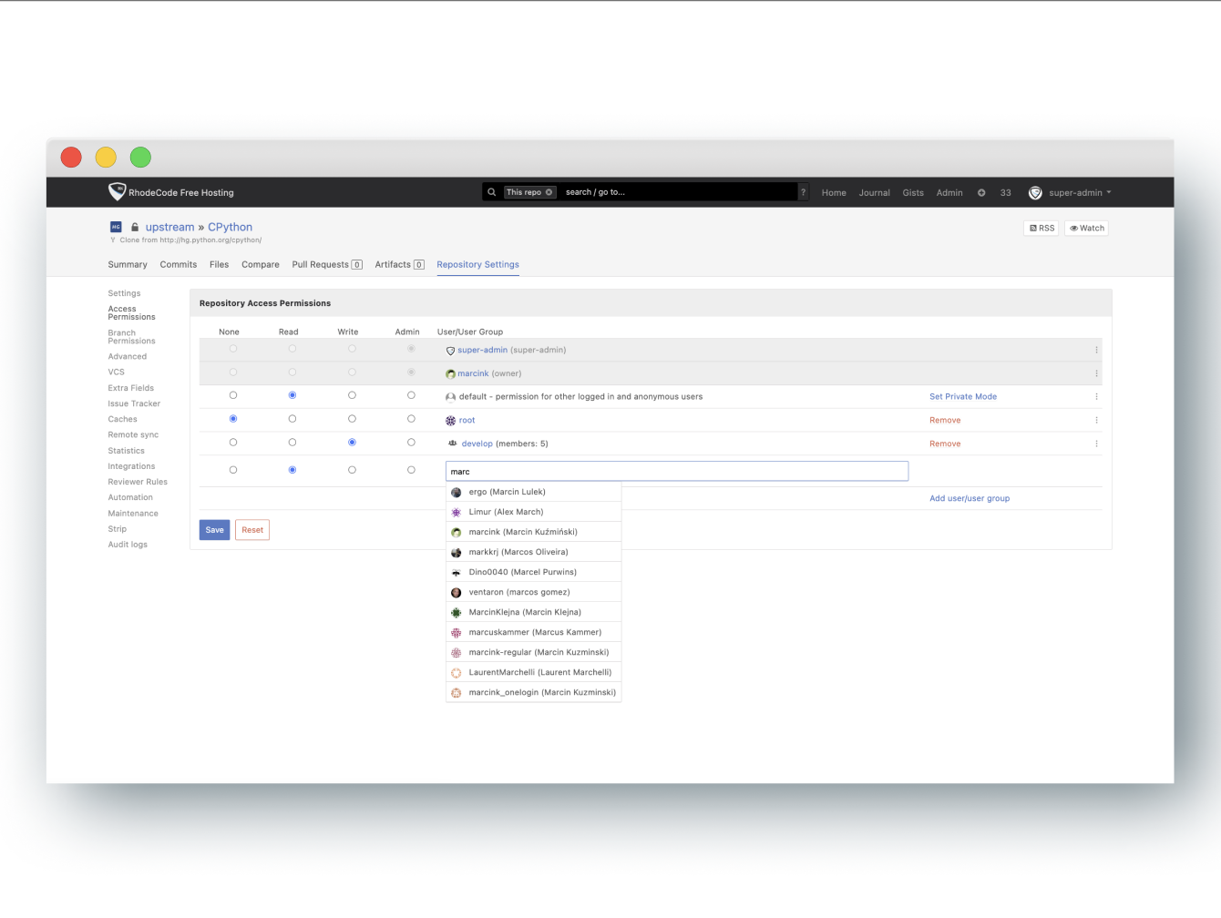 Enterprise source code management permission settings and granular access control